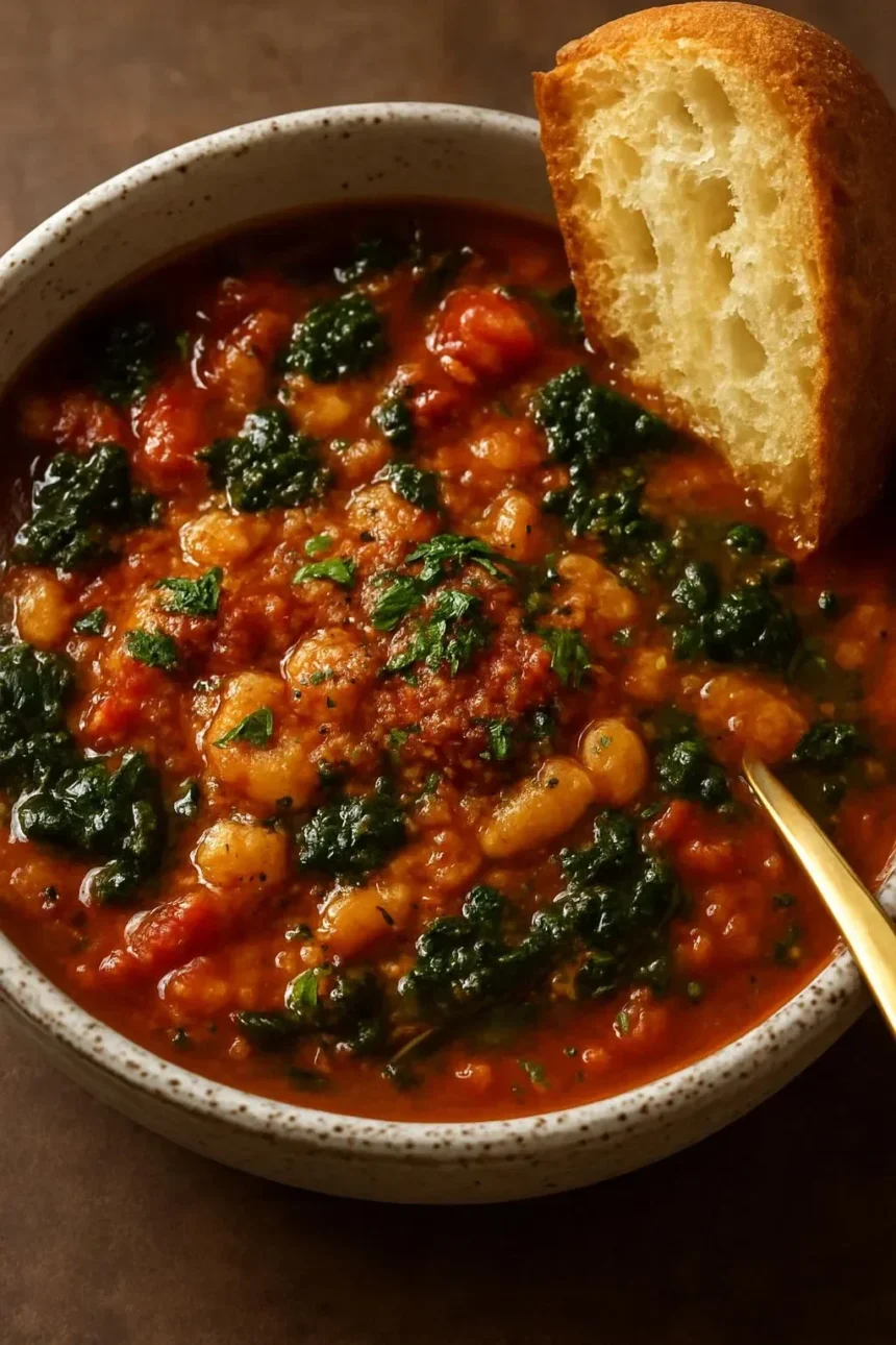 Bowl of hearty white bean soup with chicken, tomatoes, and kale