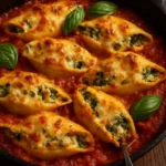 Herb and zucchini stuffed jumbo shells topped with cheese in a baking dish.