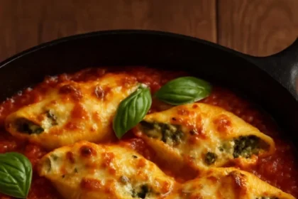 Herb and zucchini stuffed jumbo shells topped with cheese in a baking dish.