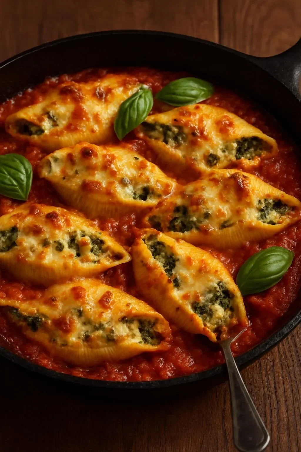 Herb and zucchini stuffed jumbo shells topped with cheese in a baking dish.