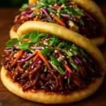 Hoisin-style beef ribs served in arepas with Korean-inspired slaw