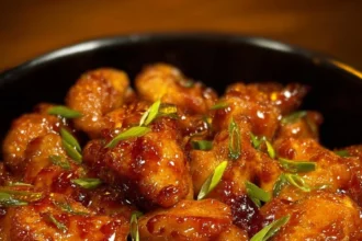 Plate of delicious Honey Garlic Chicken Bites garnished with green onions