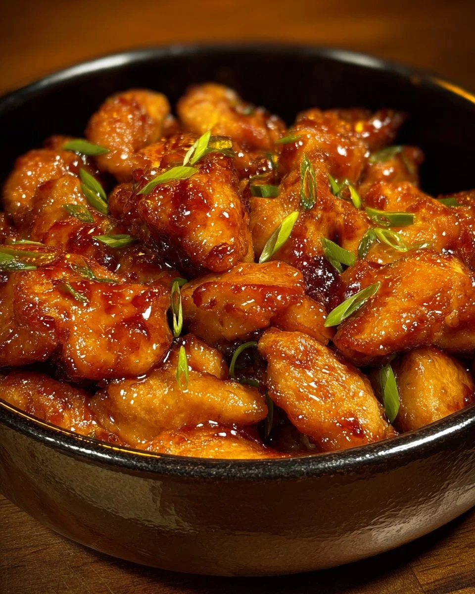 Plate of delicious Honey Garlic Chicken Bites garnished with green onions