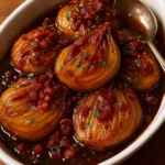 Honey-glazed shallots paired with crispy bacon in a savory dish