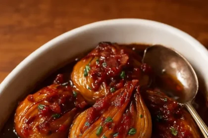 Honey-glazed shallots paired with crispy bacon in a savory dish
