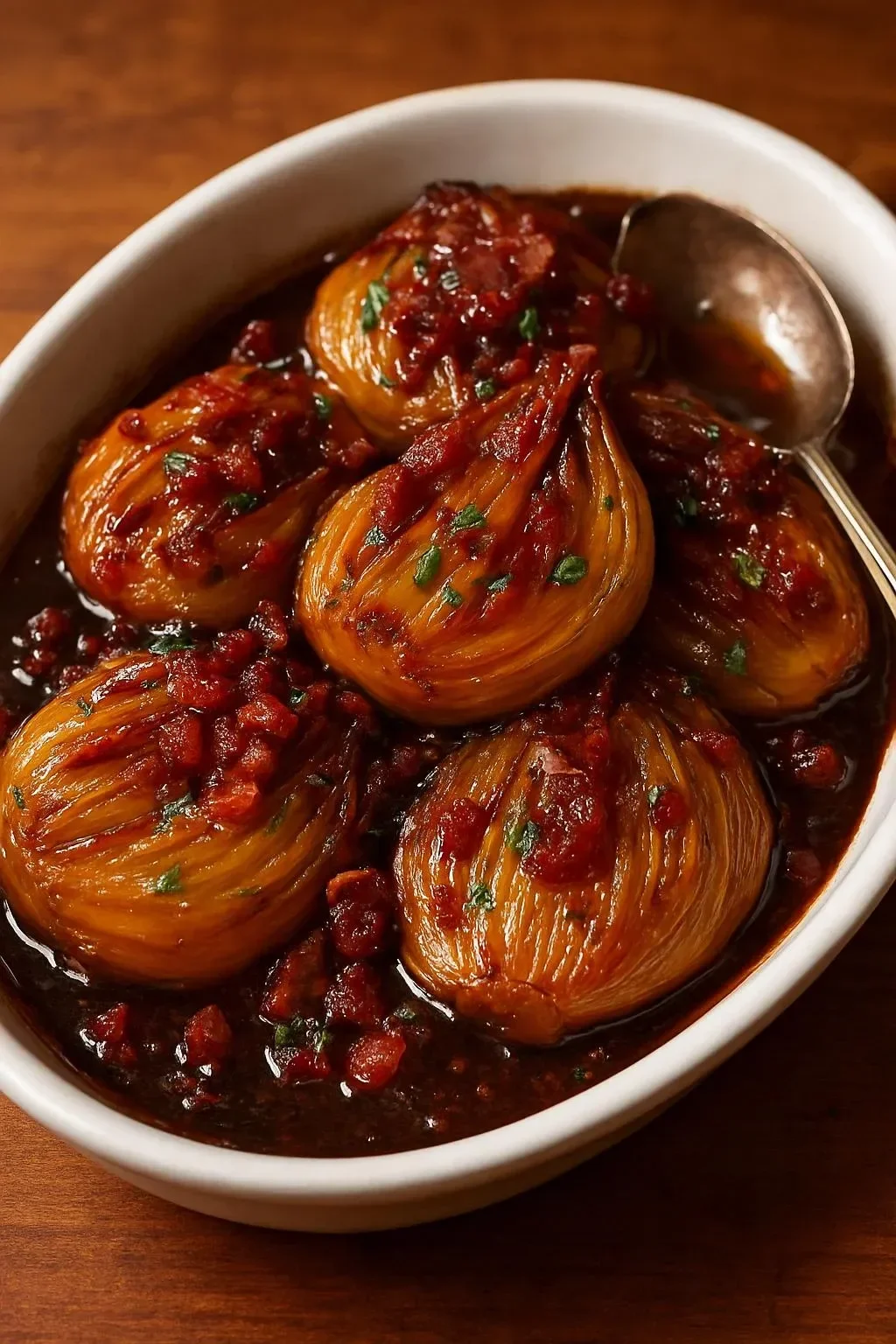 Honey-glazed shallots paired with crispy bacon in a savory dish