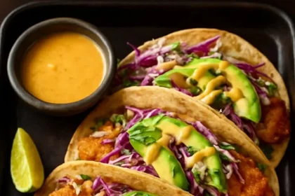 Delicious Honey Mustard Chicken Slaw Tacos topped with fresh ingredients