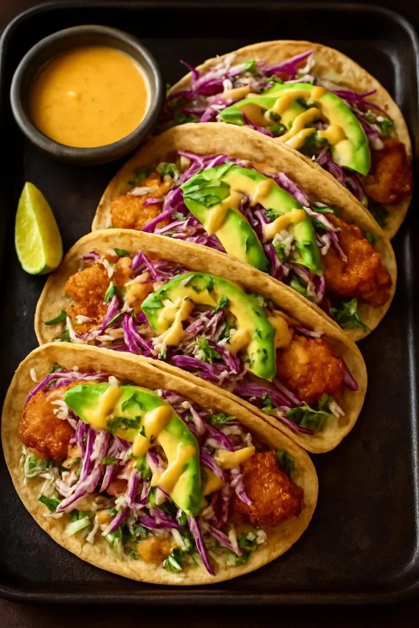 Delicious Honey Mustard Chicken Slaw Tacos topped with fresh ingredients