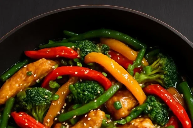 Hot Honey Chicken & Veggie Skillet dish, featuring succulent chicken and colorful vegetables.