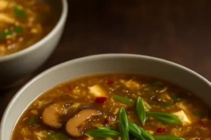 Bowl of Hot & Sour Mushroom Tofu Soup garnished with fresh herbs