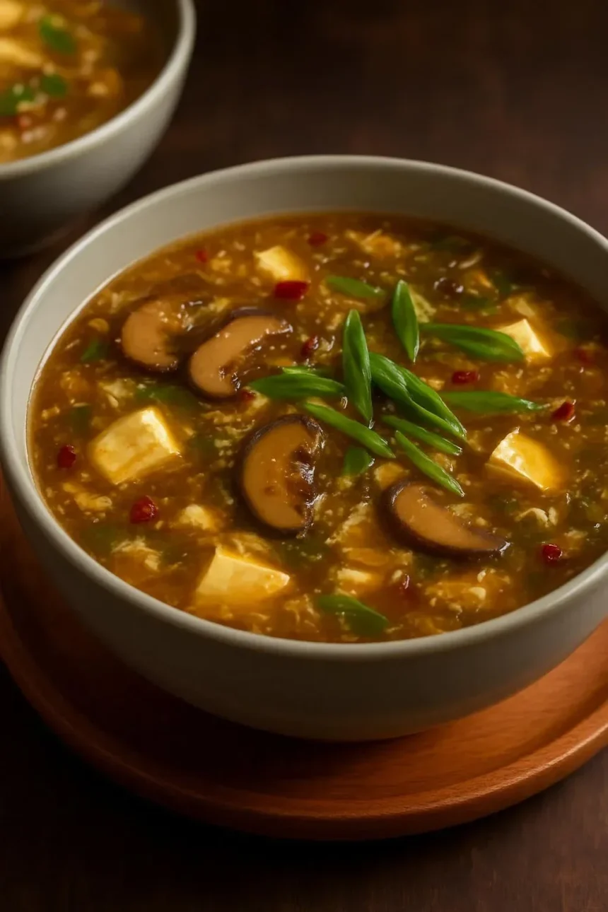 Bowl of Hot & Sour Mushroom Tofu Soup garnished with fresh herbs