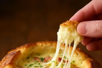 Irresistible hot honey brie bread with prosciutto and garlic topping