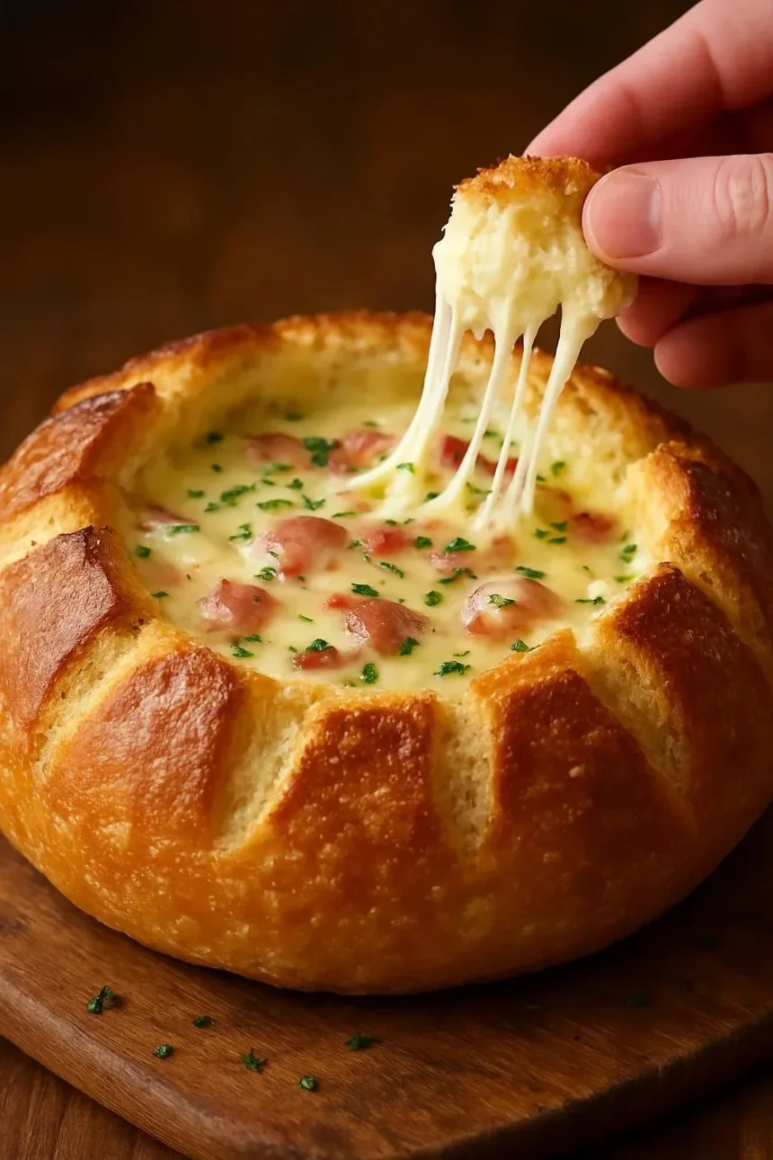 Irresistible hot honey brie bread with prosciutto and garlic topping