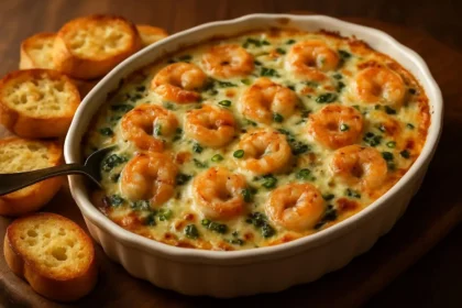 Delicious shrimp dip with crab and spinach served in a bowl
