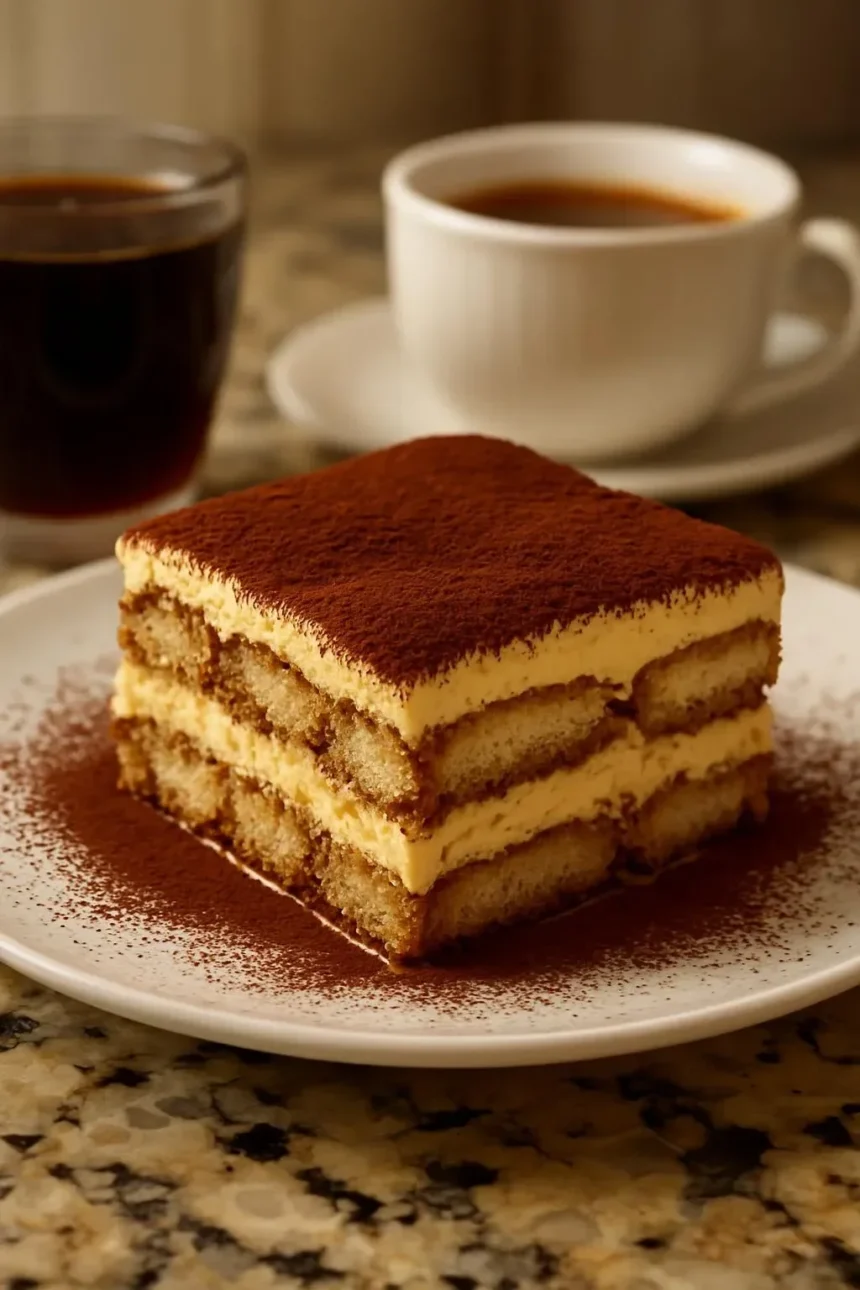 Delicious Italian Tiramisu served in a large dish for a crowd
