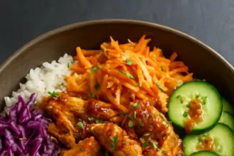 Korean-style BBQ chicken bowls with crunchy cabbage and sesame garnish