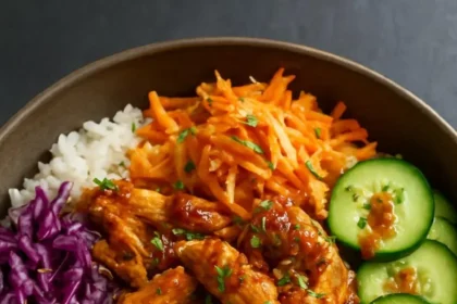 Korean-style BBQ chicken bowls with crunchy cabbage and sesame garnish