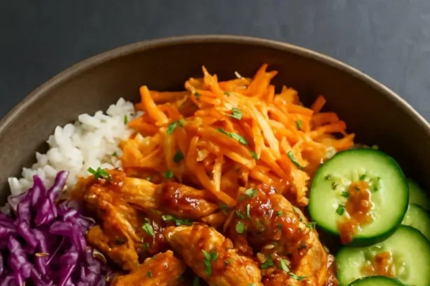 Korean-style BBQ chicken bowls with crunchy cabbage and sesame garnish