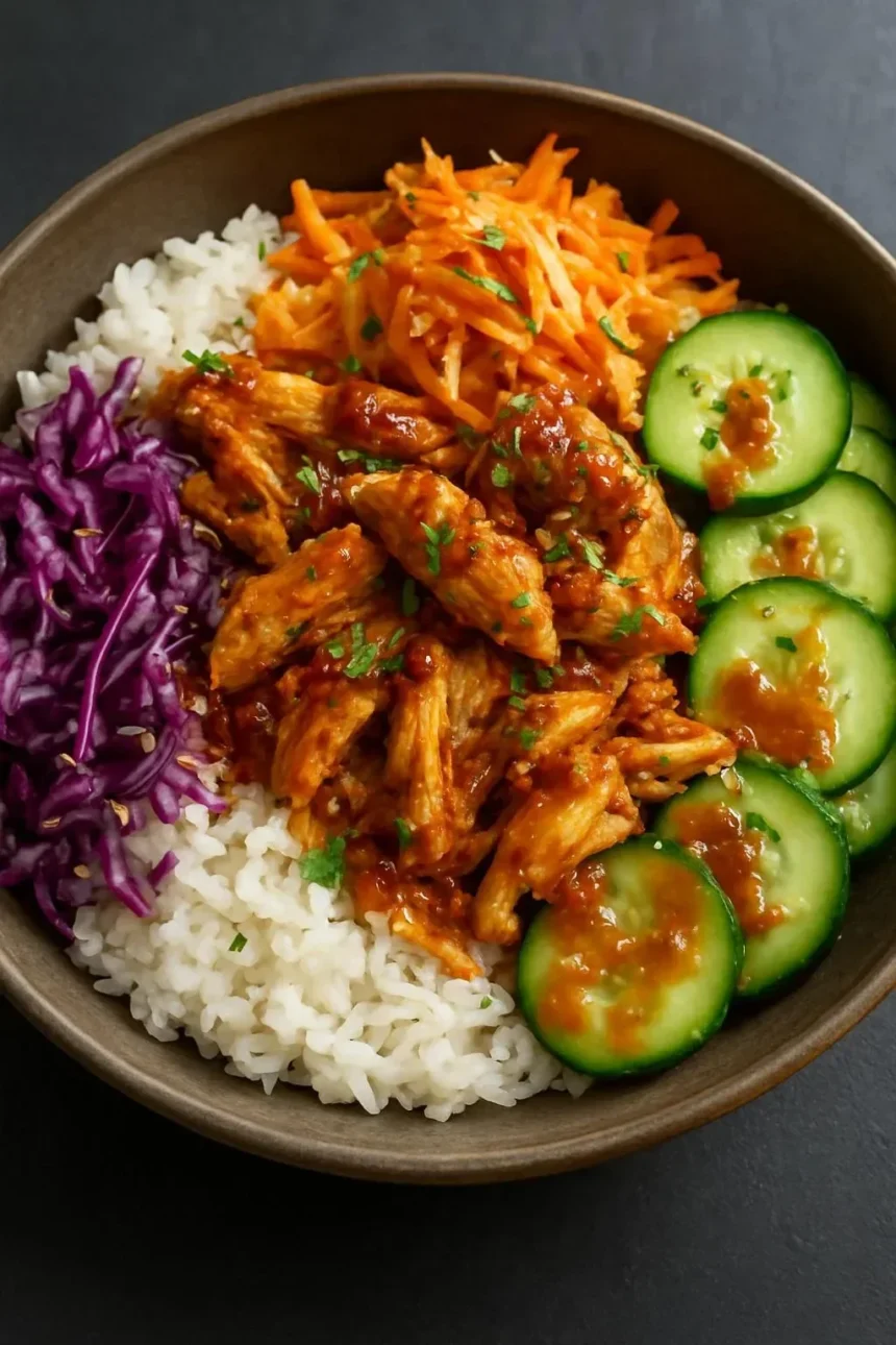 Korean-style BBQ chicken bowls with crunchy cabbage and sesame garnish