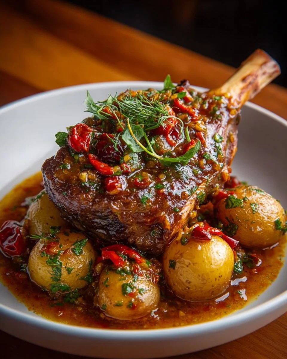 Delicious lamb shanks served with Bavarian style potatoes