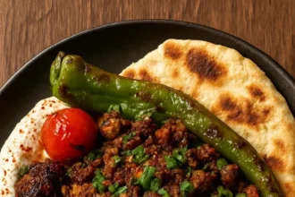 Lamb dish topped with creamy eggplant spread for a gourmet meal