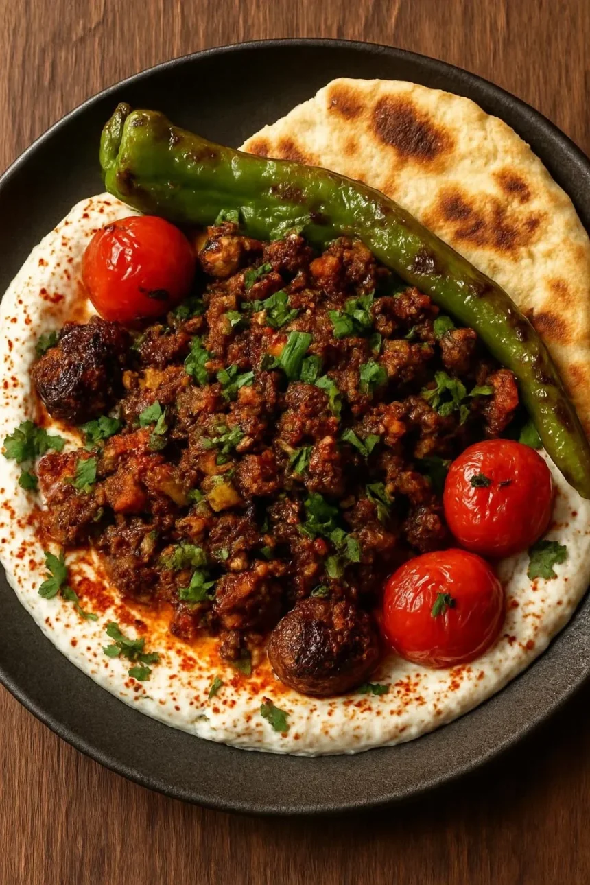 Lamb dish topped with creamy eggplant spread for a gourmet meal