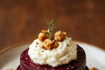 Layered beets and goat cheese with walnut-thyme drizzle presentation