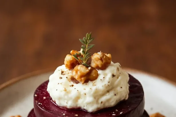 Layered beets and goat cheese with walnut-thyme drizzle presentation