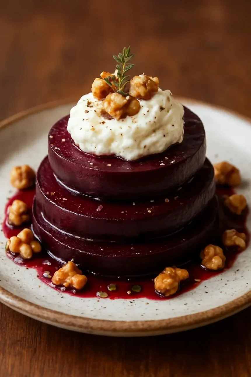 Layered beets and goat cheese with walnut-thyme drizzle presentation