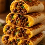 Loaded cheesy breakfast burritos with sausage, eggs, and beans ready to eat.