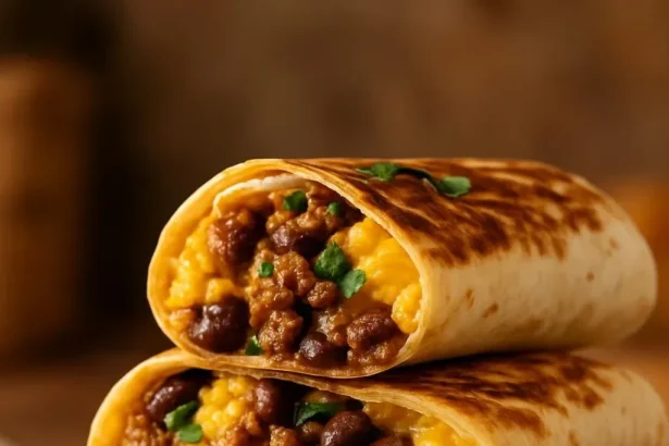 Loaded cheesy breakfast burritos with sausage, eggs, and beans ready to eat.