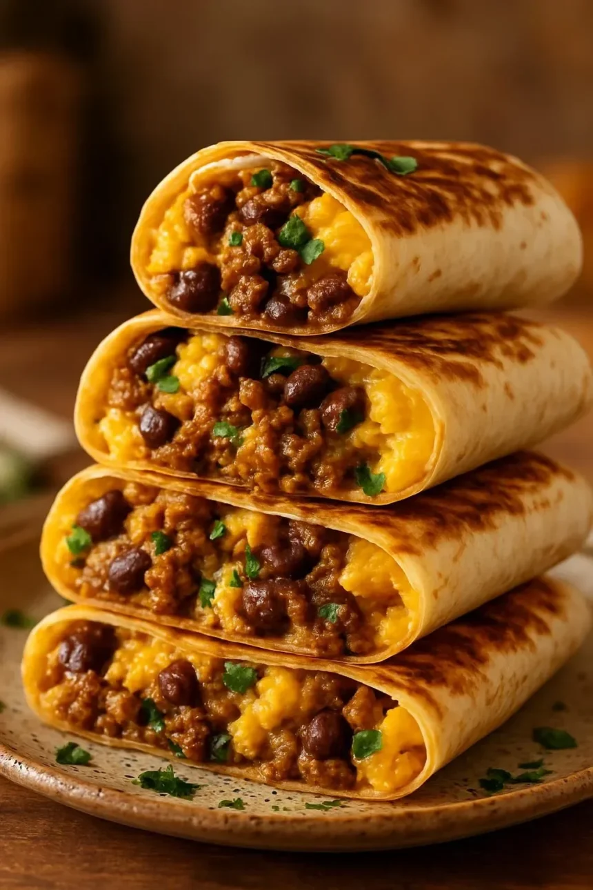 Loaded cheesy breakfast burritos with sausage, eggs, and beans ready to eat.