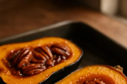 Maple pecan roasted acorn squash garnished with pecans and maple syrup.