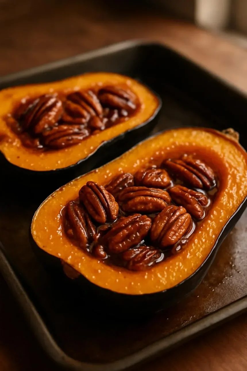 Maple pecan roasted acorn squash garnished with pecans and maple syrup.