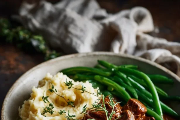Plate of creamy mashed potatoes topped with tender oxtail.