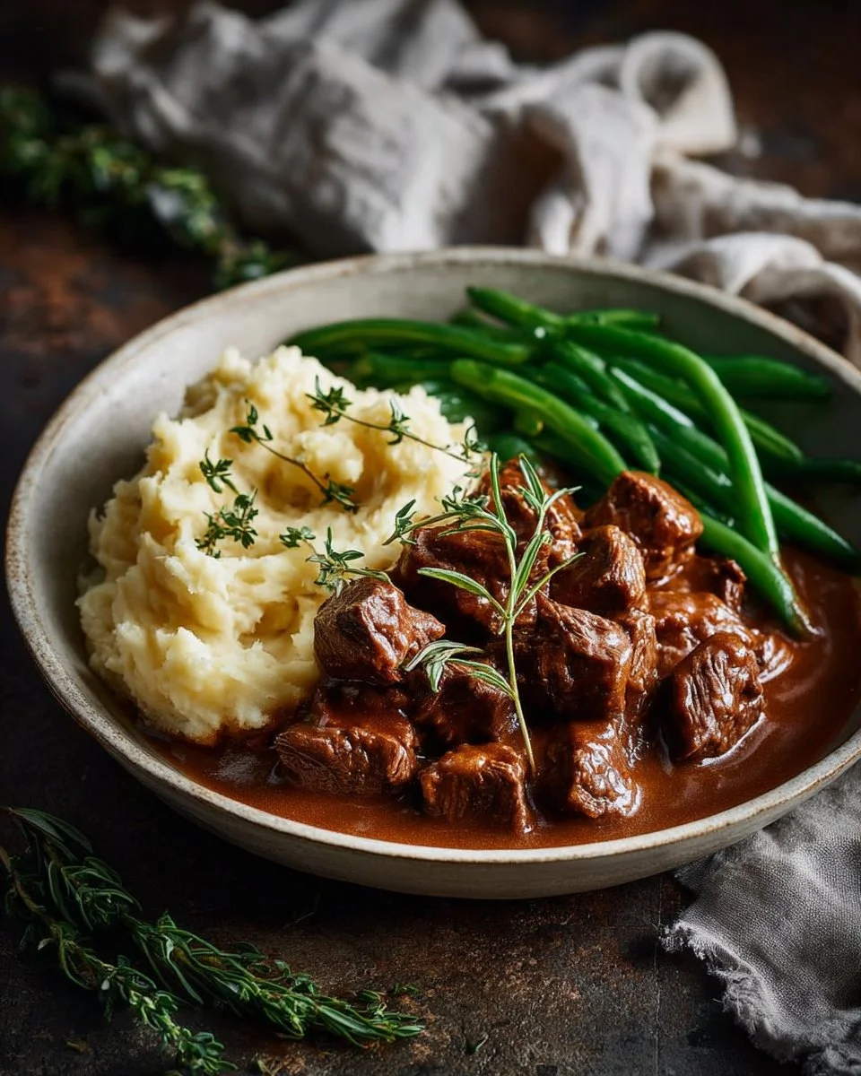 Plate of creamy mashed potatoes topped with tender oxtail.