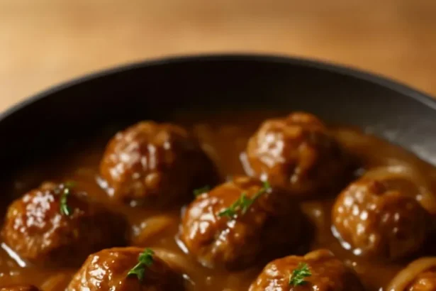 Delicious meatballs served in rich onion gravy, perfect for a hearty meal.