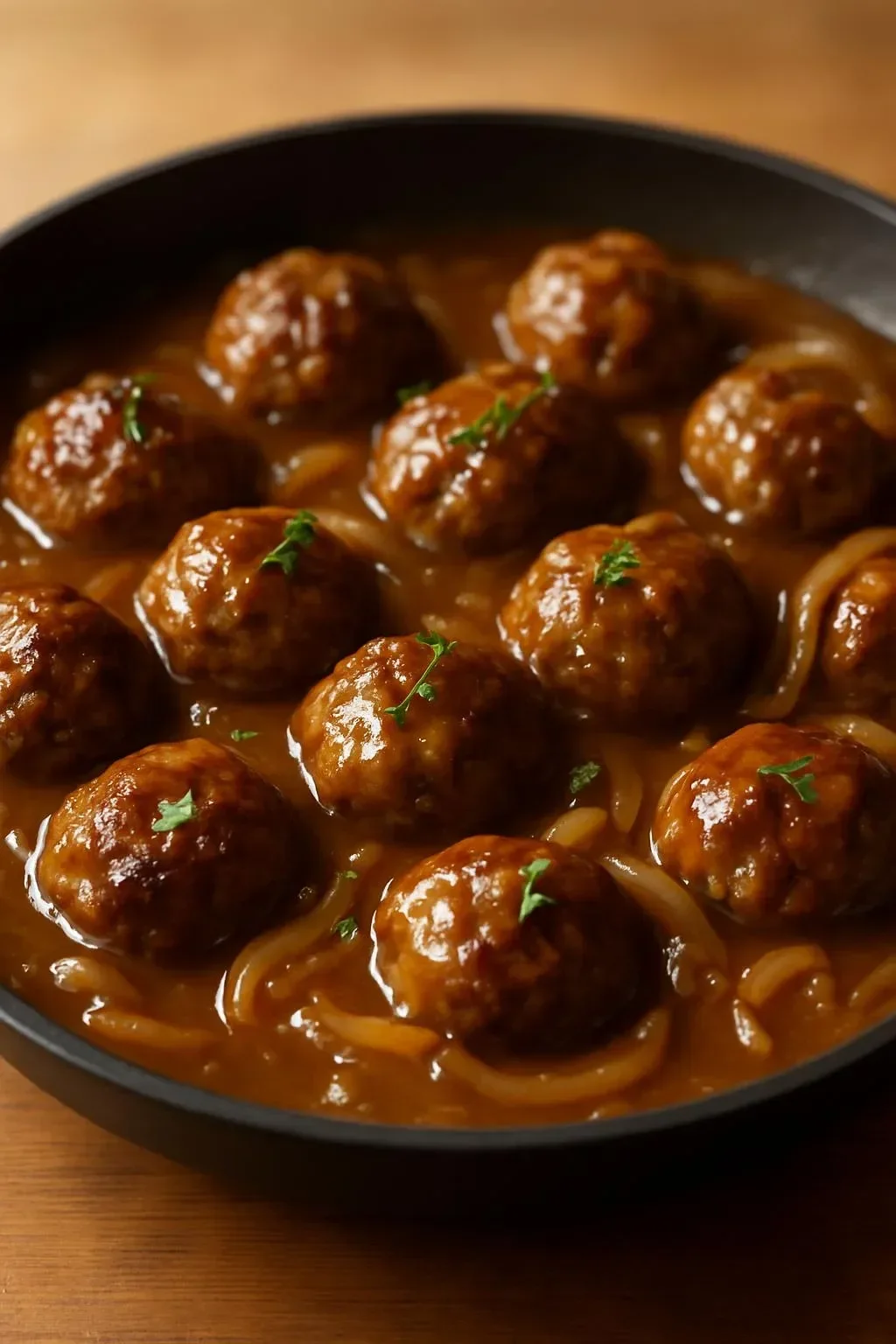 Delicious meatballs served in rich onion gravy, perfect for a hearty meal.
