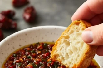 Delicious Mediterranean olive oil dip served with bread for dipping