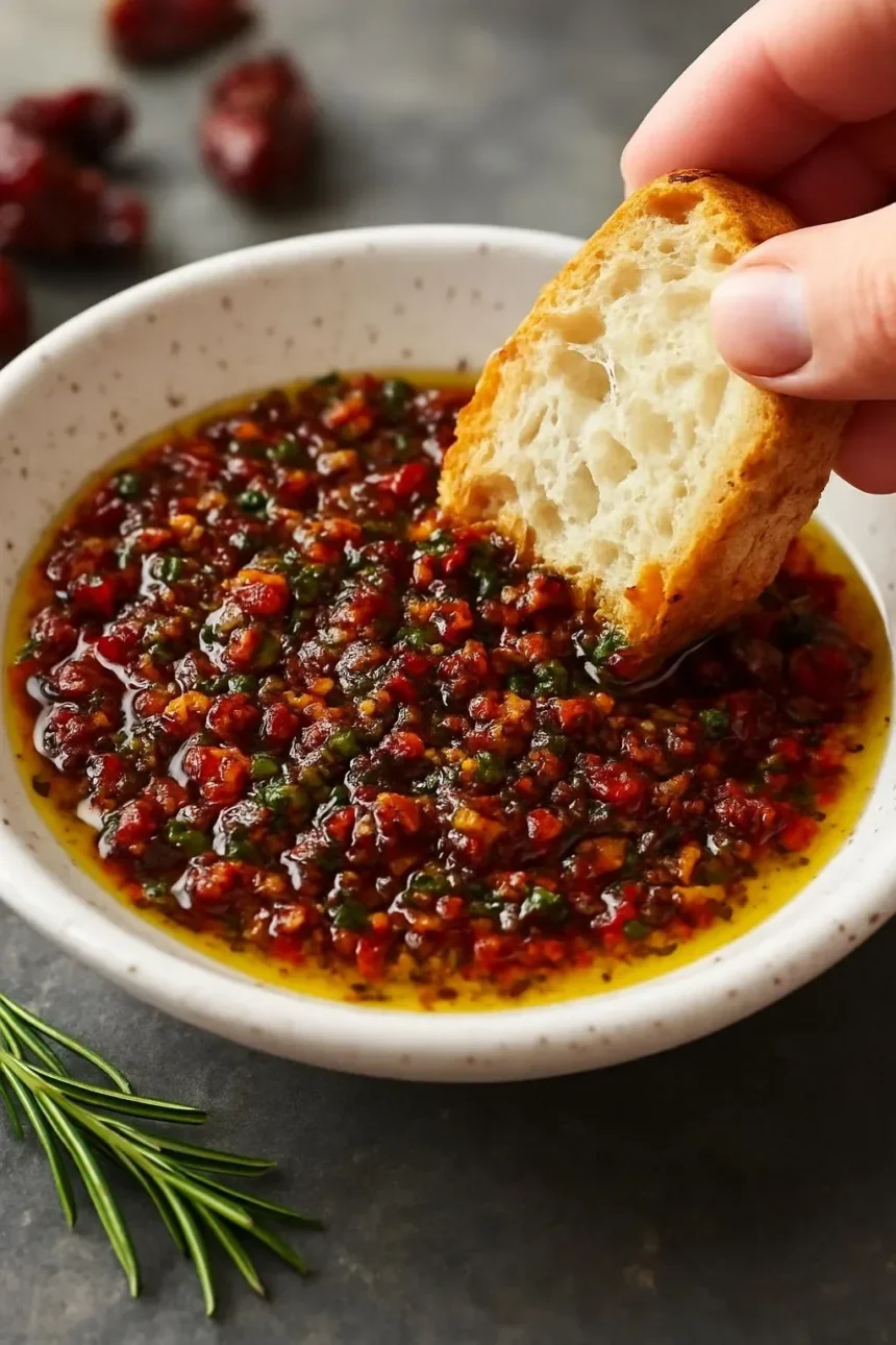Delicious Mediterranean olive oil dip served with bread for dipping