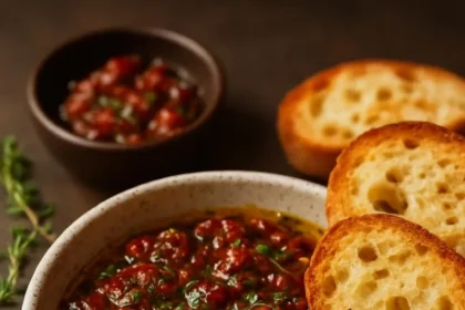 Mediterranean olive oil dip served with bread and herbs