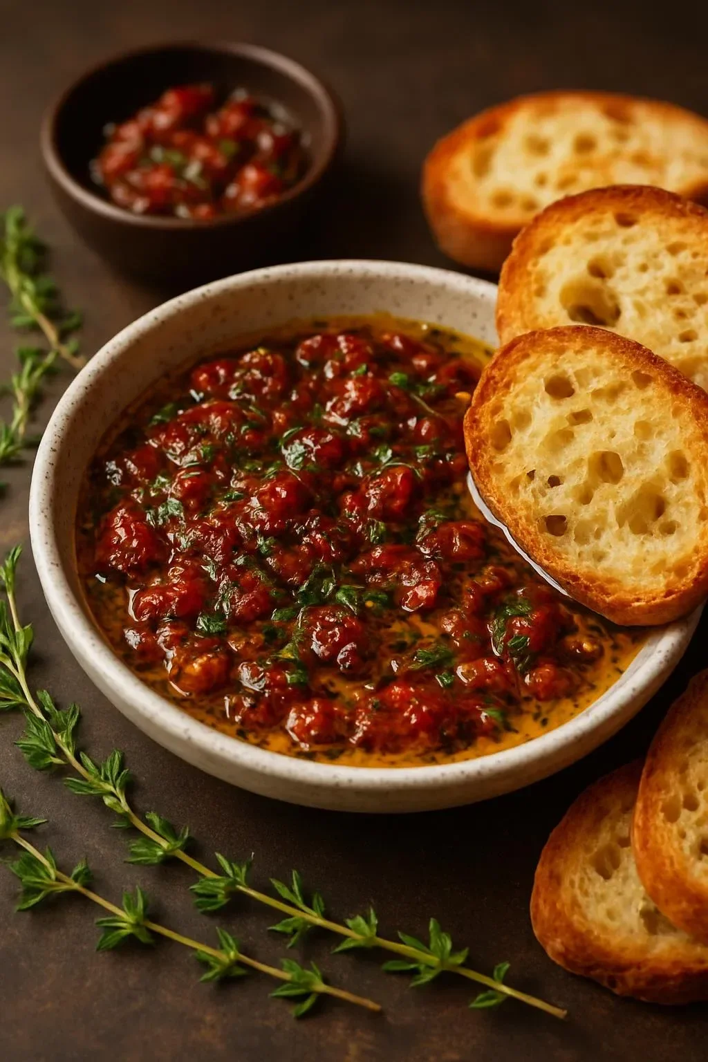 Mediterranean olive oil dip served with bread and herbs