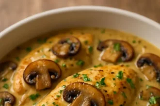 One-Pan Asiago Mustard Chicken with Mushrooms ready to serve
