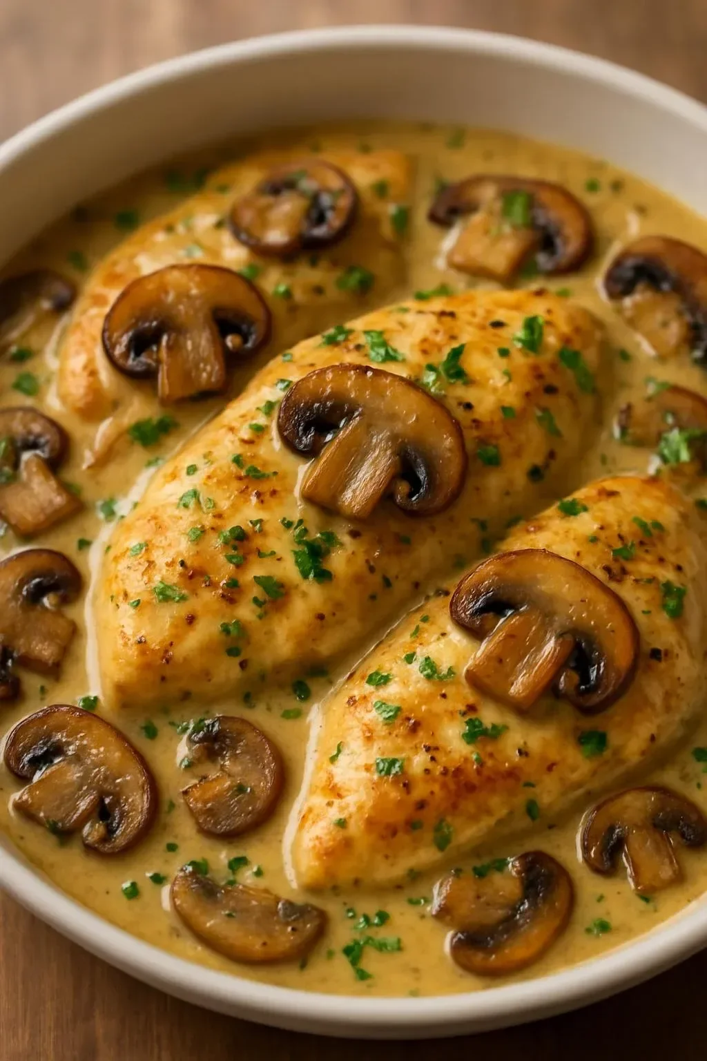 One-Pan Asiago Mustard Chicken with Mushrooms ready to serve