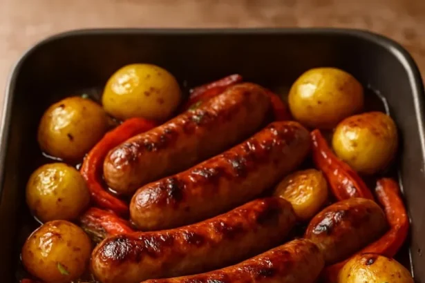 One-pan roasted sausages served with colorful peppers and potatoes