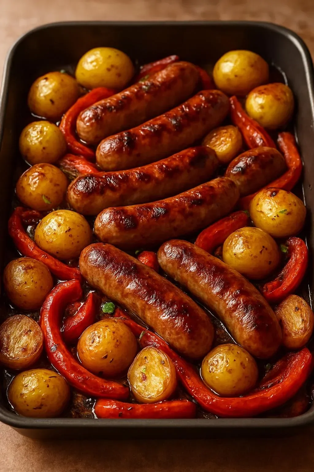 One-pan roasted sausages served with colorful peppers and potatoes