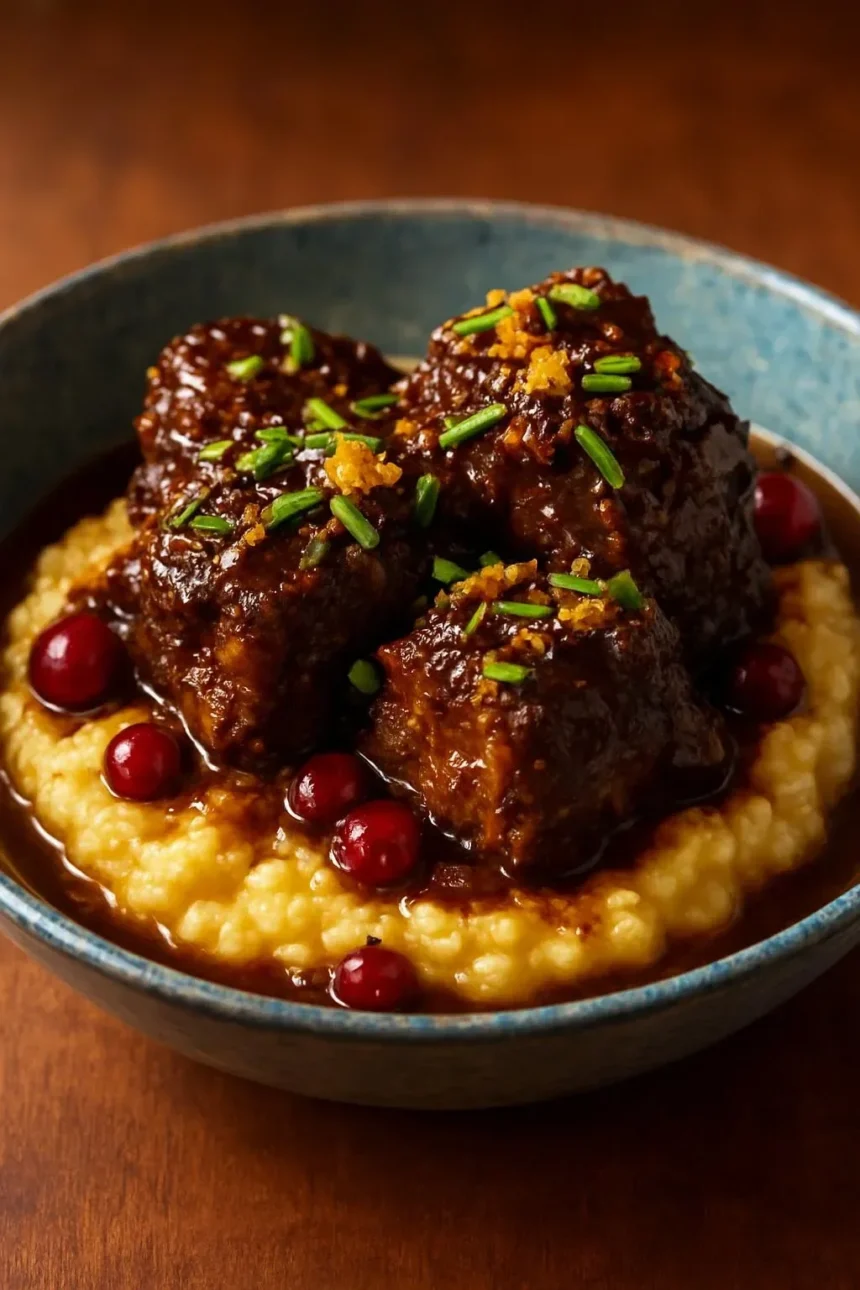 Orange-Cranberry Braised Beef Short Ribs seasoned with ginger and garlic