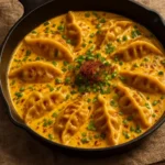 Oven-baked potstickers with Thai curry drizzle on a plate