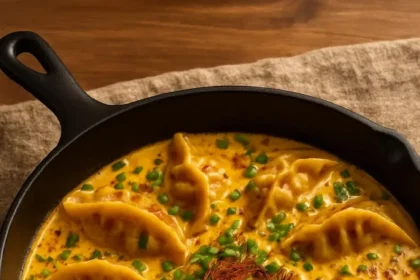 Oven-baked potstickers with Thai curry drizzle on a plate