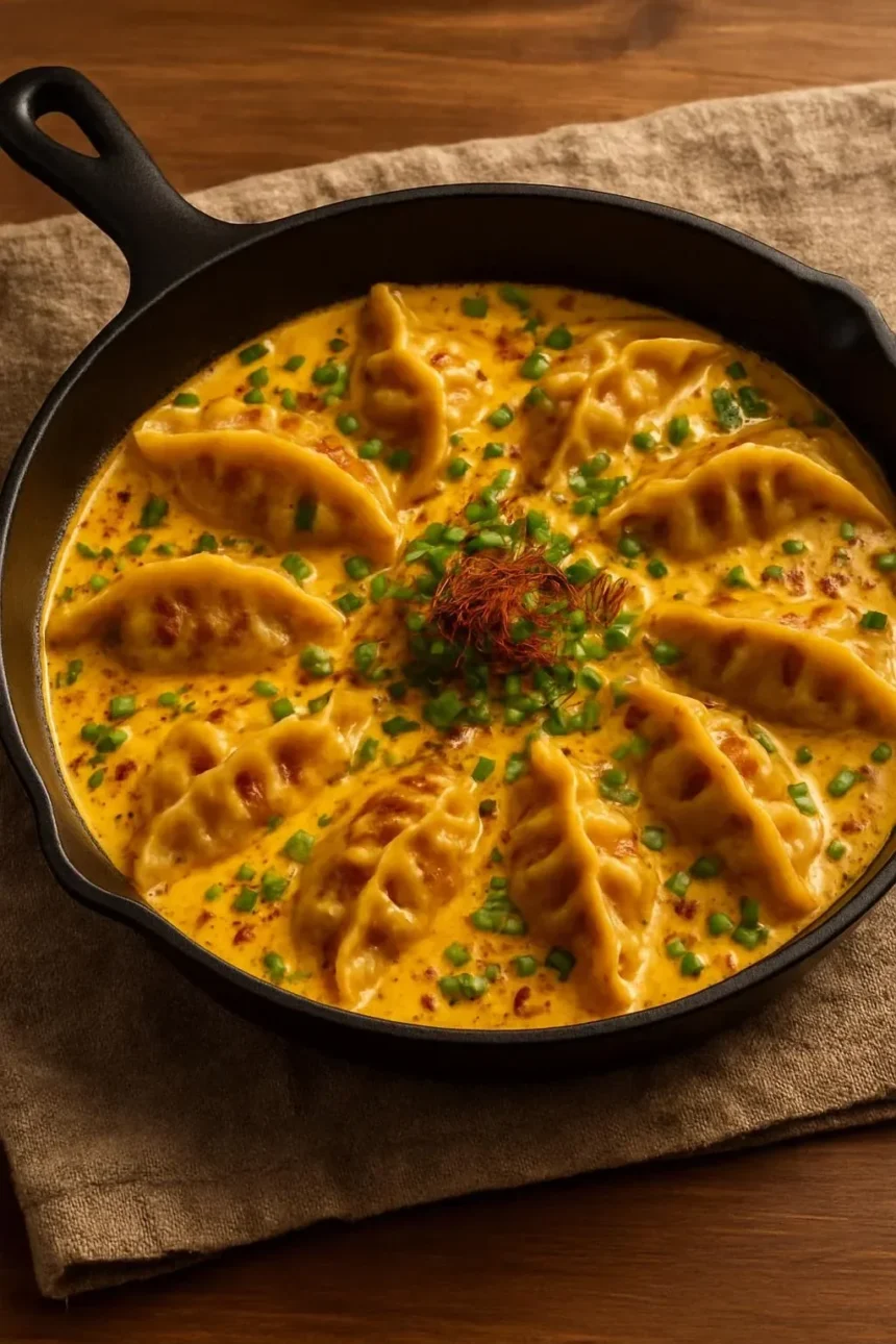 Oven-baked potstickers with Thai curry drizzle on a plate
